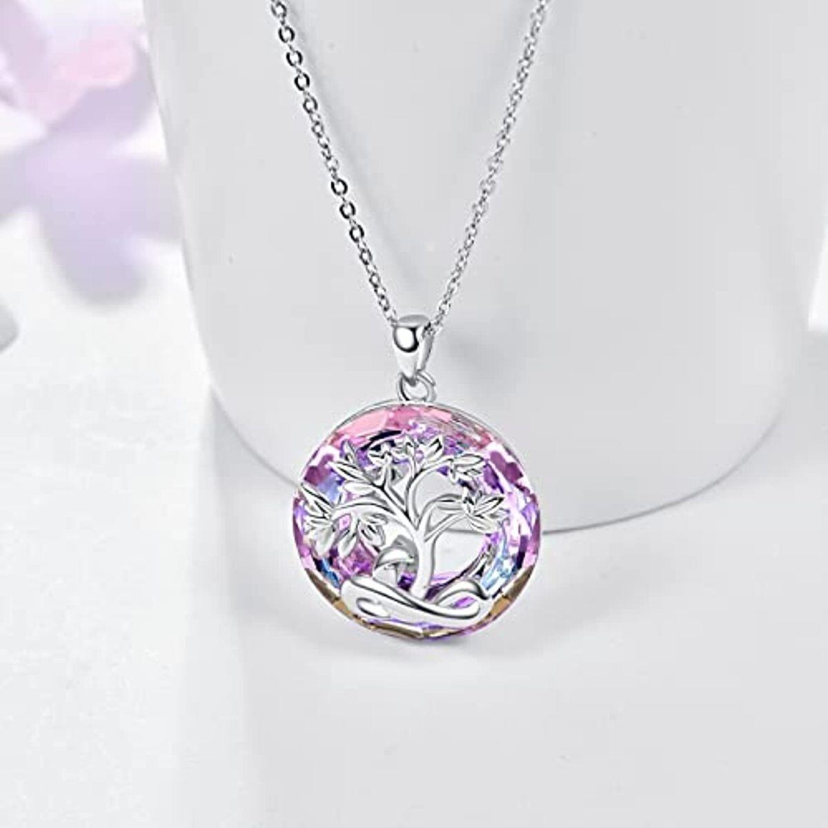 Sterling Silver Round Crystal Tree Of Life Pendant Necklace-4