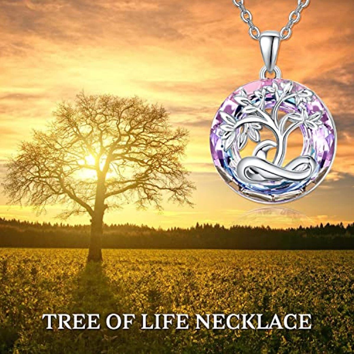 Sterling Silver Round Crystal Tree Of Life Pendant Necklace-7