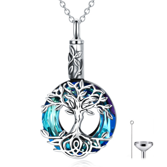 Sterling Silver Round Crystal Tree Of Life Urn Necklace for Ashes