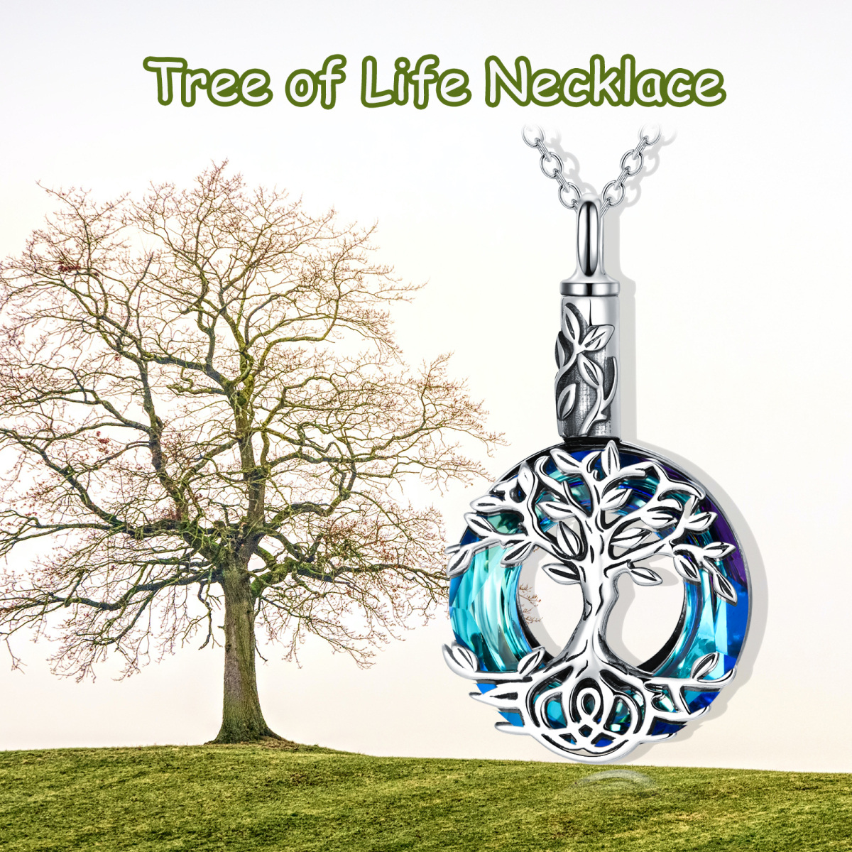 Sterling Silver Round Crystal Tree Of Life Urn Necklace for Ashes-5