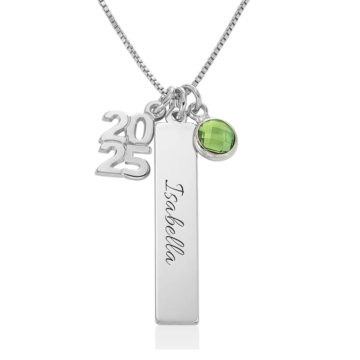 Collar de plata de ley con circonita cúbica de corte redondo y piedra de nacimiento personalizada, grabado para padres e hijos.-1