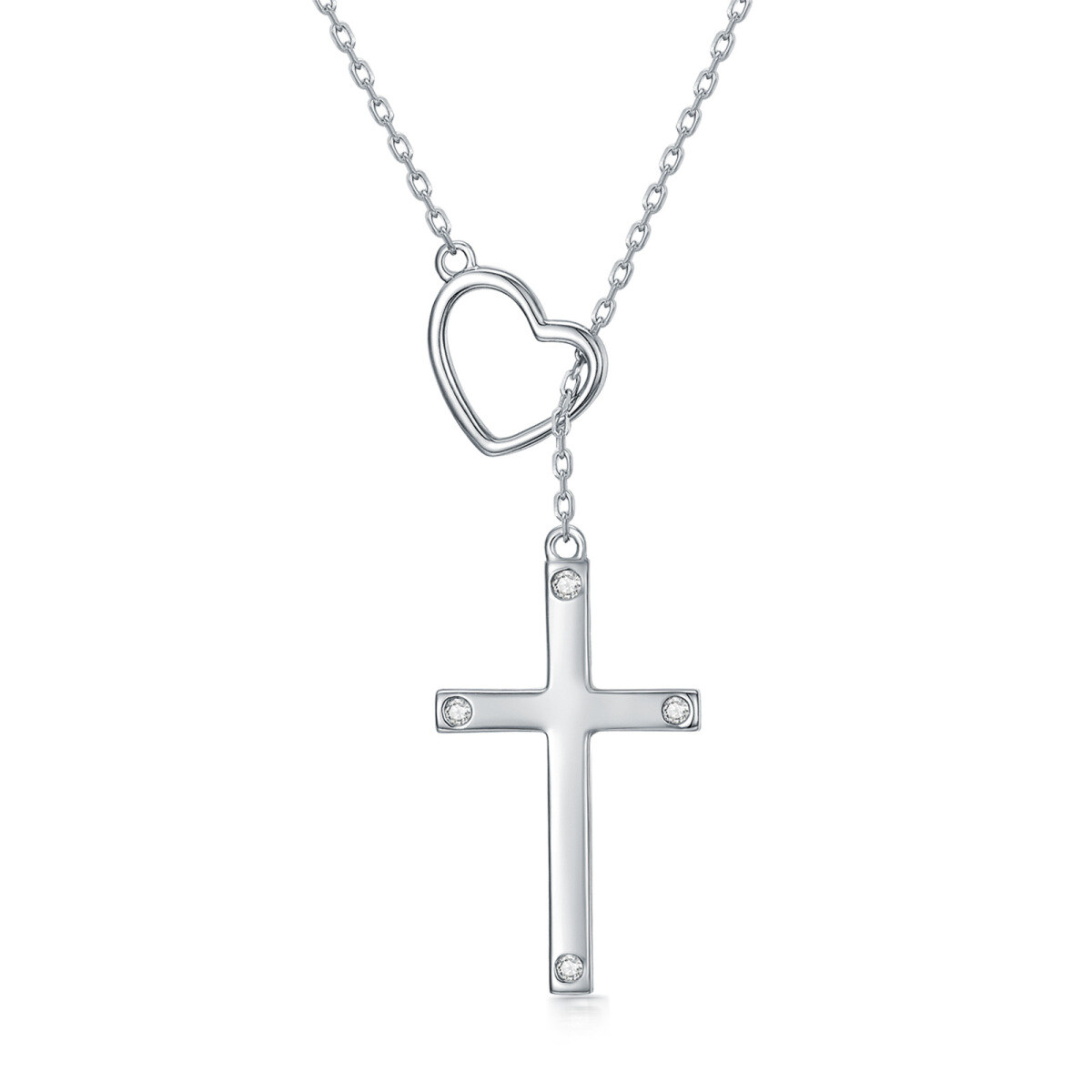 Collier en Y réglable en argent sterling avec croix en diamant rond et cœur-1