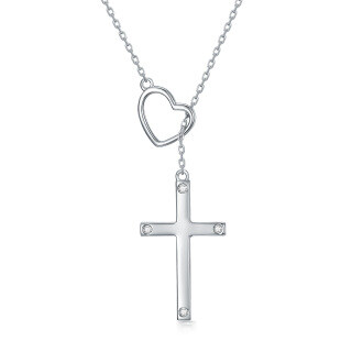 Sterling Silver Round Diamond Cross & Heart Adjustable Y Necklace-11