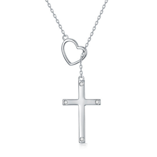 Sterling Silver Round Diamond Cross & Heart Adjustable Y Necklace