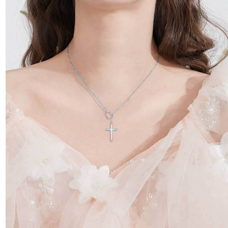 Sterling Silver Round Diamond Cross & Heart Adjustable Y Necklace-2