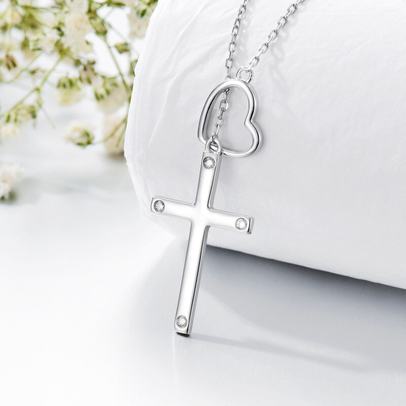 Sterling Silver Round Diamond Cross & Heart Adjustable Y Necklace-3