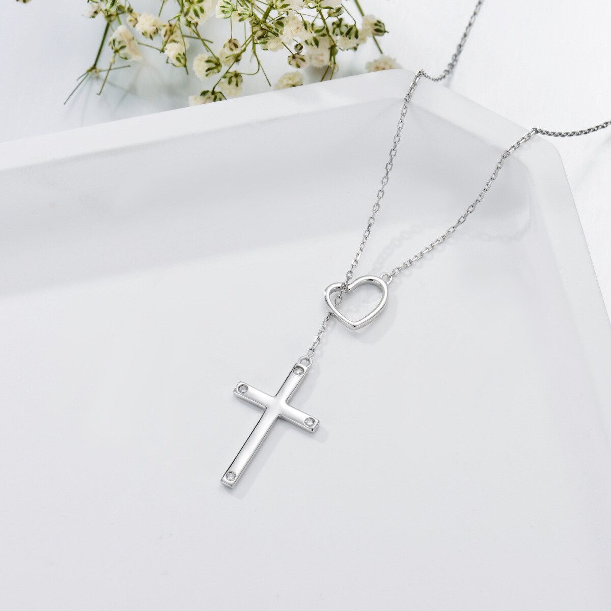 Collier en Y réglable en argent sterling avec croix en diamant rond et cœur-4