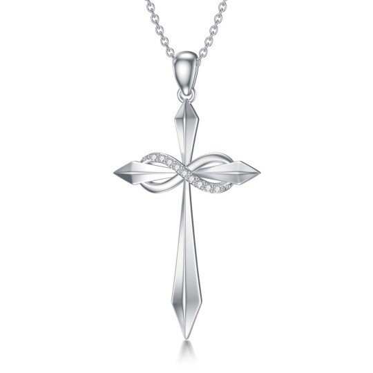 Sterling Silver Round Diamond Cross & Infinity Symbol Pendant Necklace