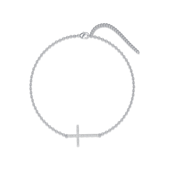 Pulseira feminina com cruz lateral de diamante natural de 0,16 cttw em prata esterlina