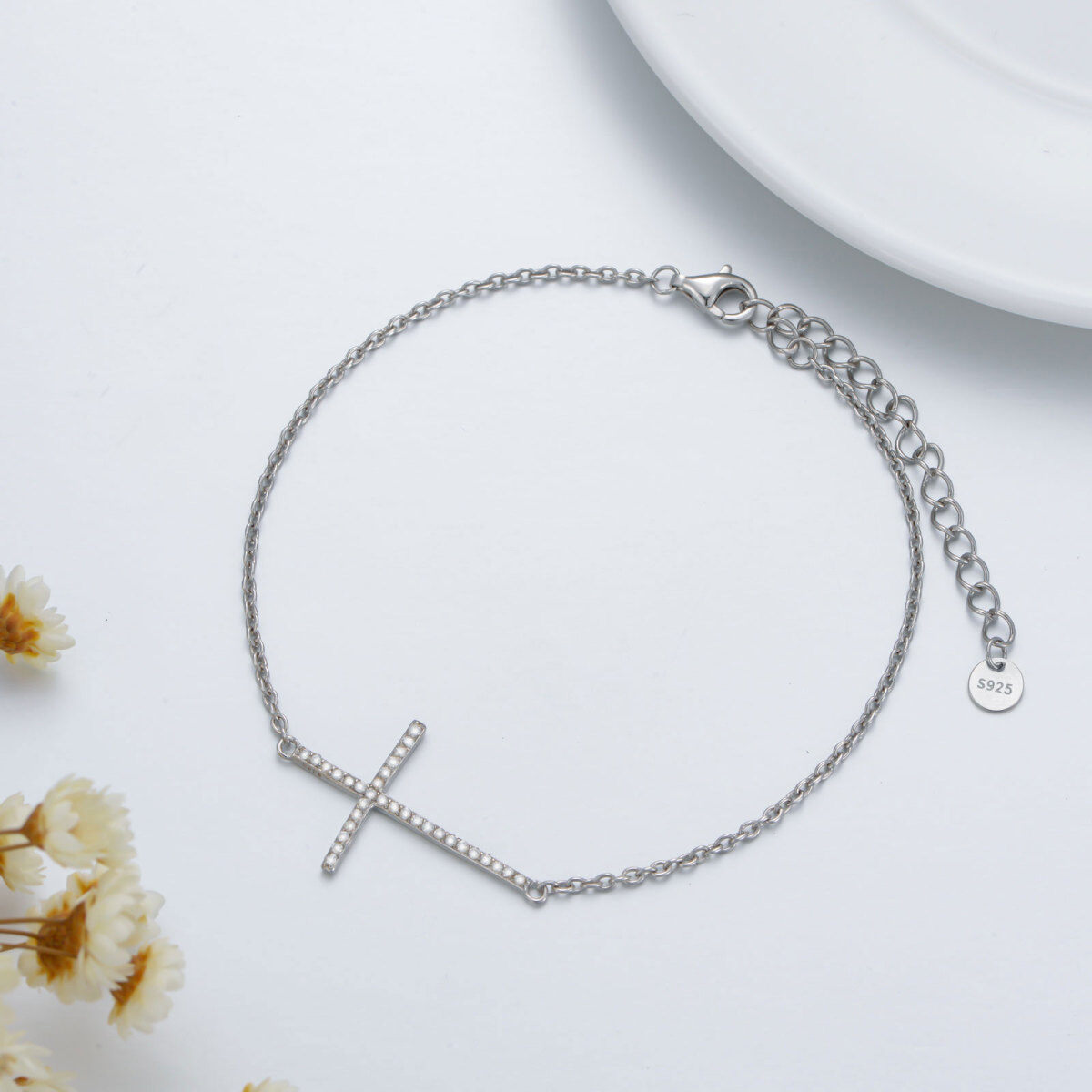 Sterling Silver Round Diamond Cross Pendant Bracelet-3