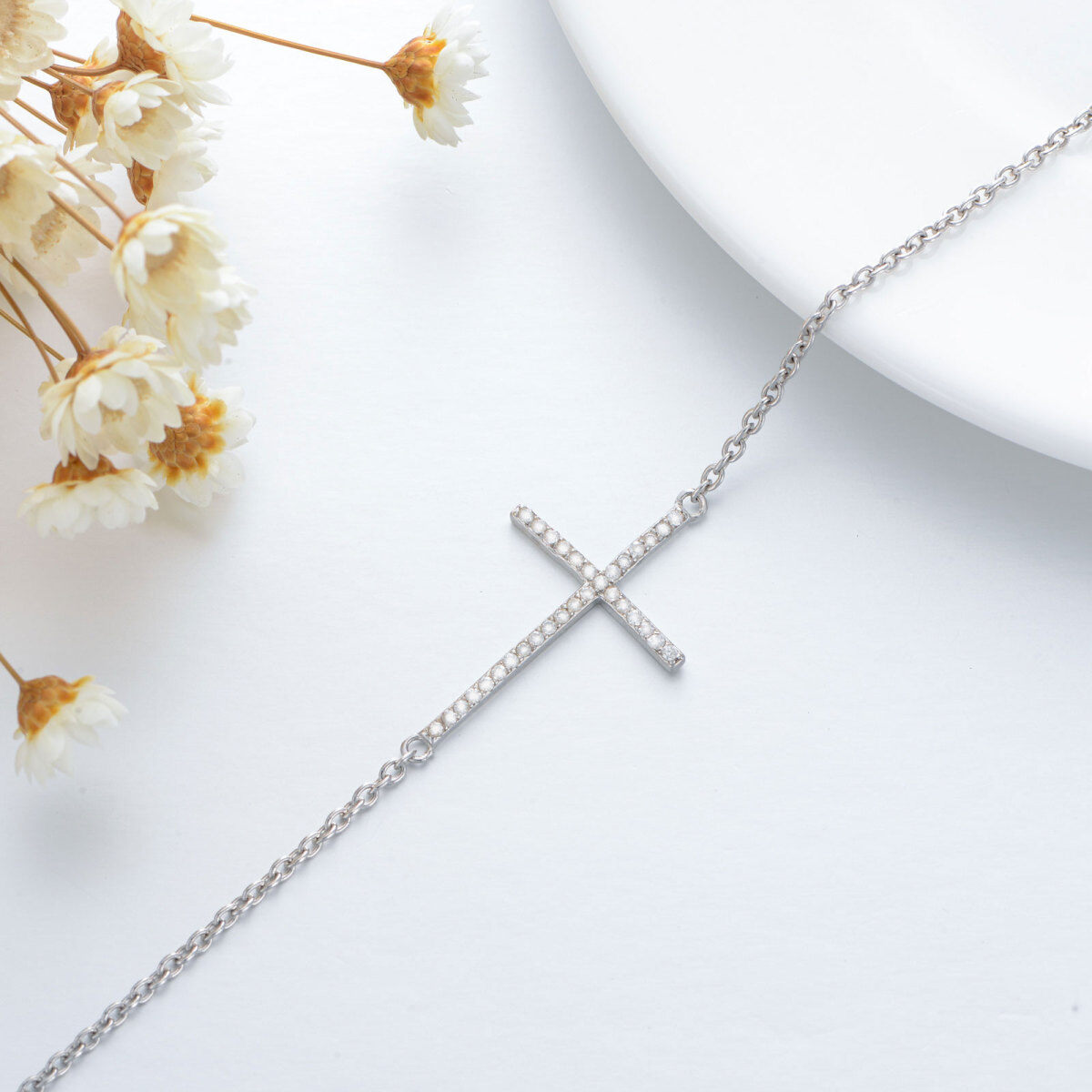 Sterling Silver Round Diamond Cross Pendant Bracelet-4