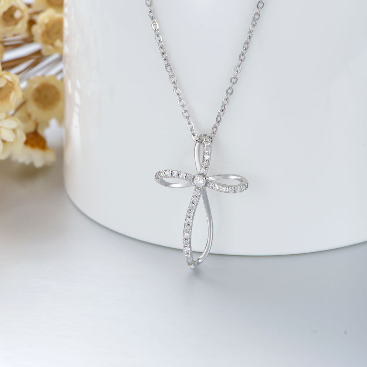 Sterling Silver Round Diamond Cross Pendant Necklace-4