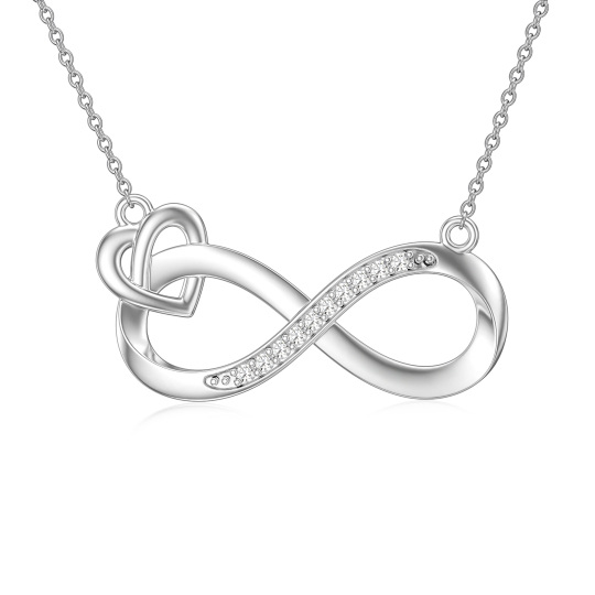 Collier avec pendentif en argent sterling avec symbole de l'infini en forme de cœur et de diamant rond