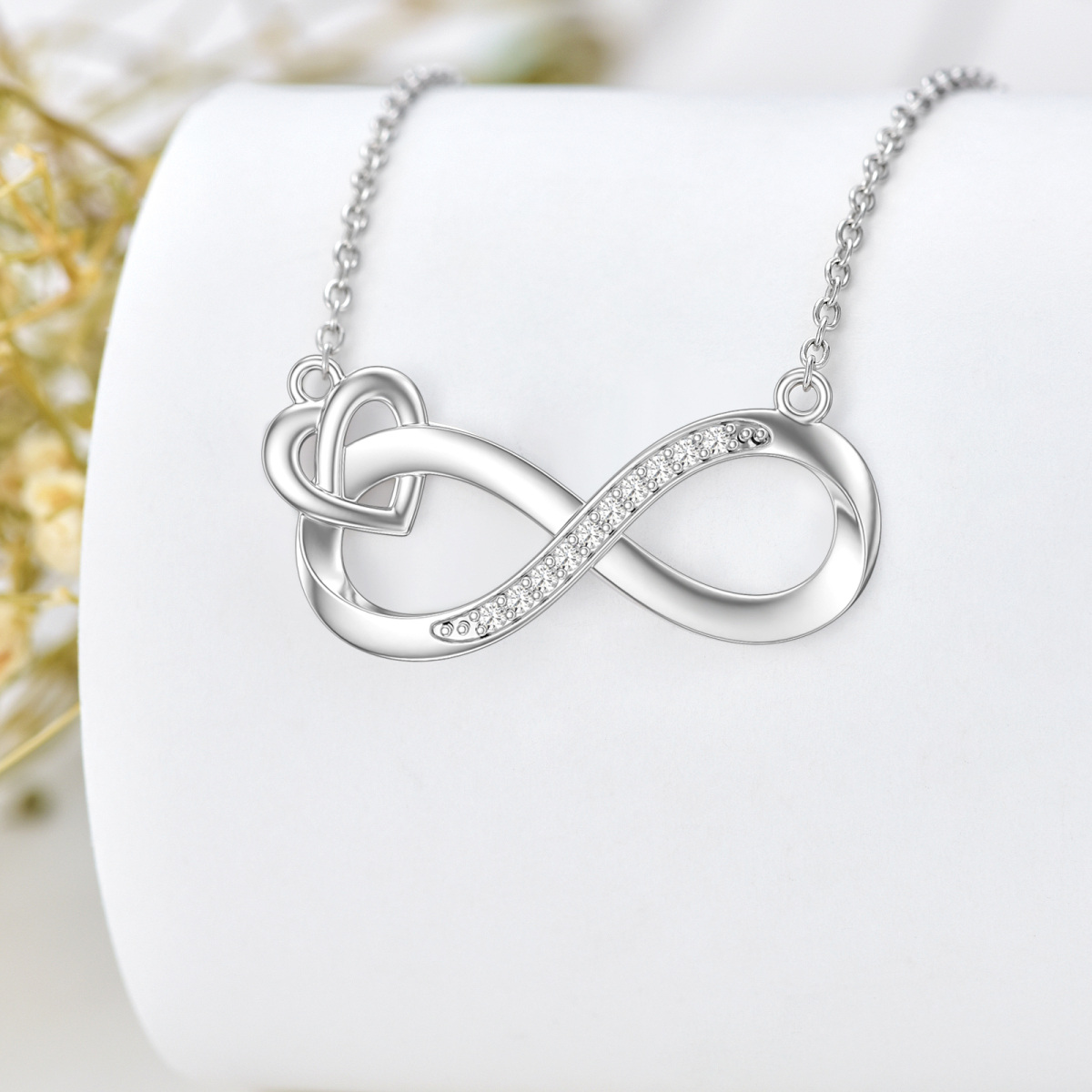 Sterling Silver Round Diamond Heart & Infinity Symbol Pendant Necklace-1