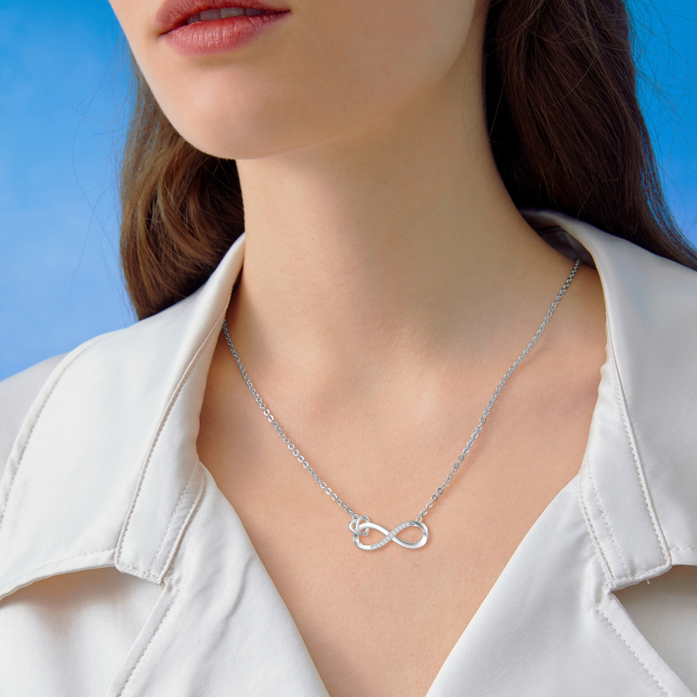 Sterling Silver Round Diamond Heart & Infinity Symbol Pendant Necklace-3