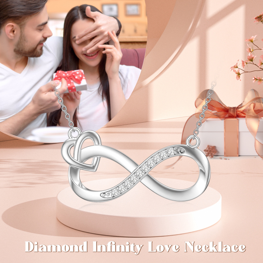 Sterling Silver Round Diamond Heart & Infinity Symbol Pendant Necklace-4