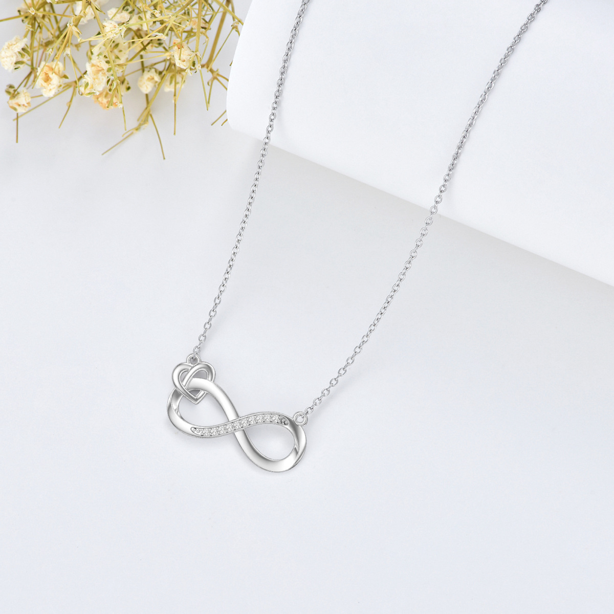 Sterling Silver Round Diamond Heart & Infinity Symbol Pendant Necklace-4