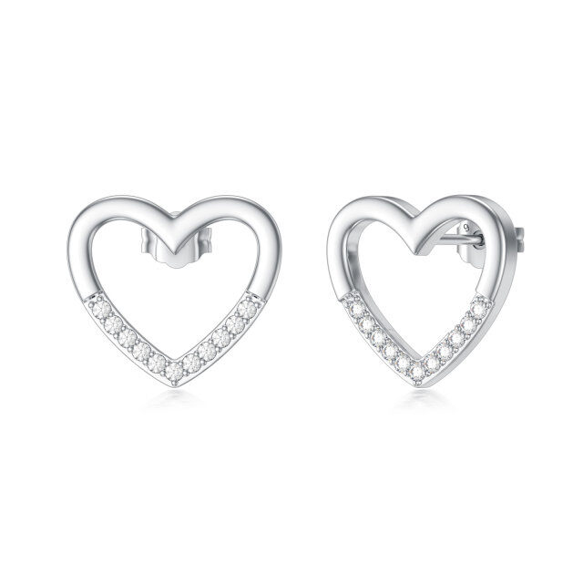 Sterling Silver Round Diamond Heart Stud Earrings-3