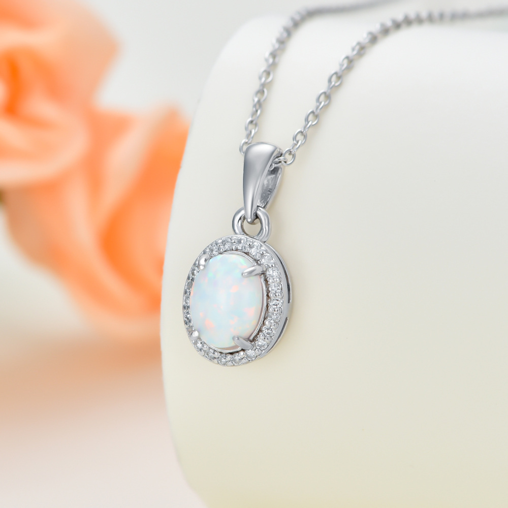 Sterling Silber Runde Diamant & Opal Oval geformt Anhänger Halskette-3