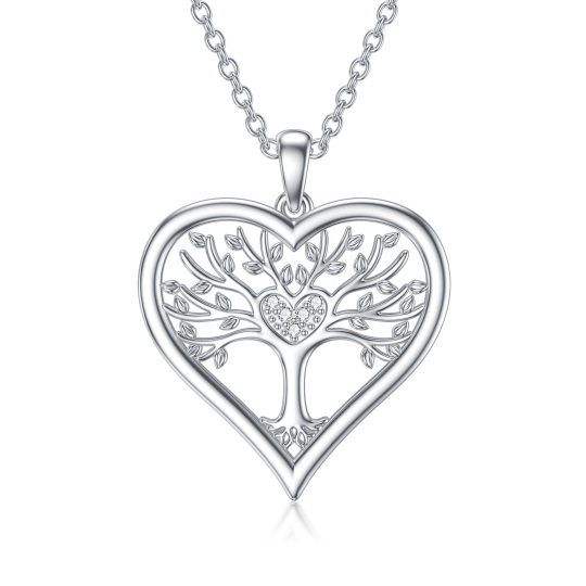 Sterling Silver Round Diamond Tree Of Life & Heart Pendant Necklace