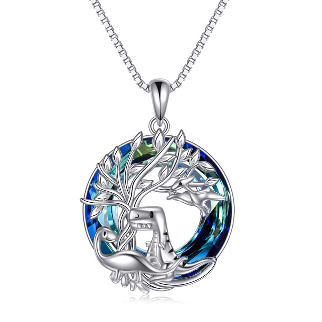 Sterling Silver Round Dinosaur & Tree Of Life Crystal Pendant Necklace-1