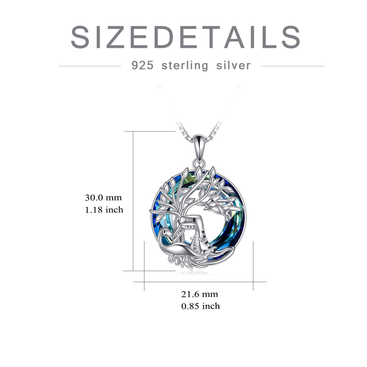 Sterling Silver Round Dinosaur & Tree Of Life Crystal Pendant Necklace-5