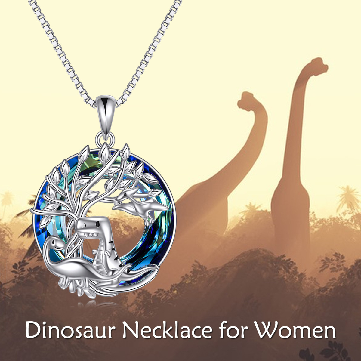 Sterling Silver Round Dinosaur & Tree Of Life Crystal Pendant Necklace-6