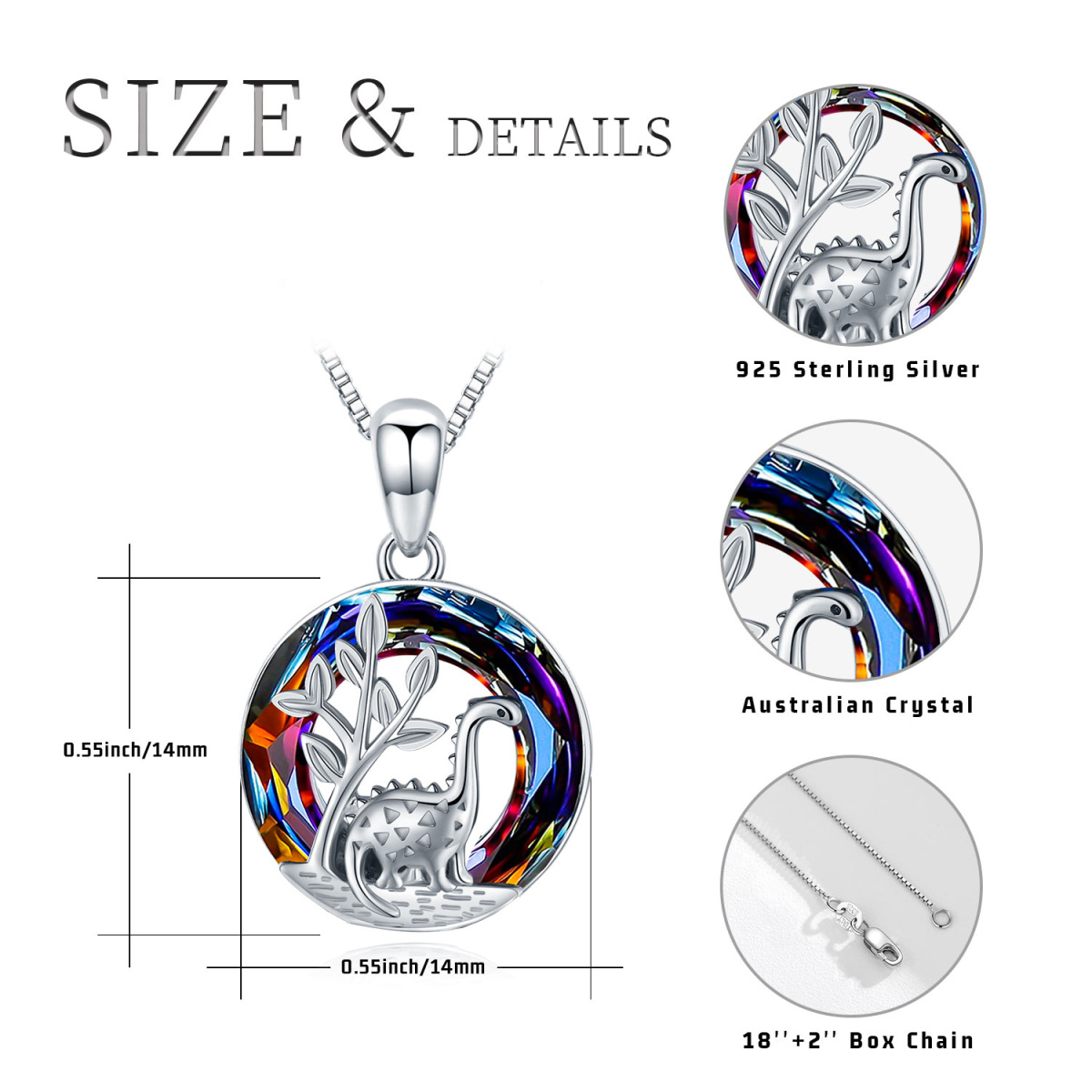 Sterling Silver Round Dinosaurs Crystal Pendant Necklace-5