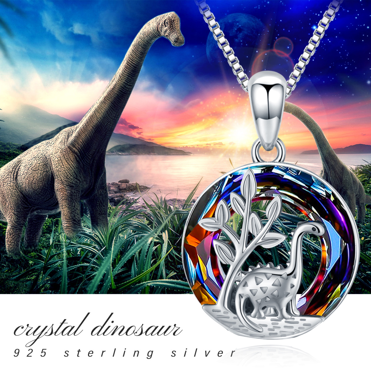 Collana con ciondolo di cristallo a forma di dinosauro rotondo in argento sterling-7