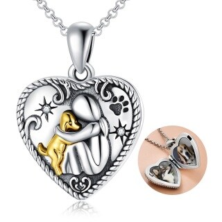 Sterling Silver Round Cubic Zirconia Dog & Heart Personalized Photo Locket Necklace with Engraved Word-43