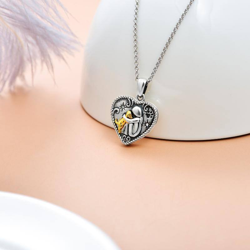 Sterling Silver Round Cubic Zirconia Dog & Heart Personalized Photo Locket Necklace with Engraved Word-2