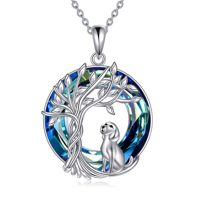 Sterling Silver Round Dog & Tree Of Life Crystal Pendant Necklace-1