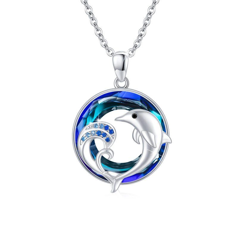 Sterling Silver Round Dolphin & Spray Crystal Pendant Necklace-14