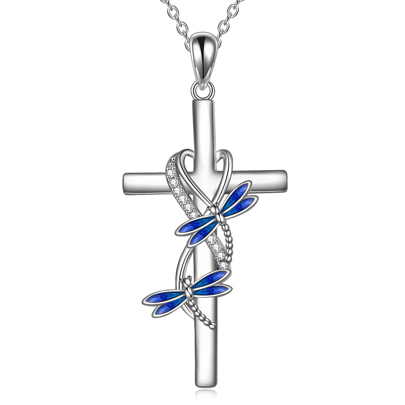 Sterling Silver Round Cubic Zirconia Dragonfly & Cross Pendant Necklace-18
