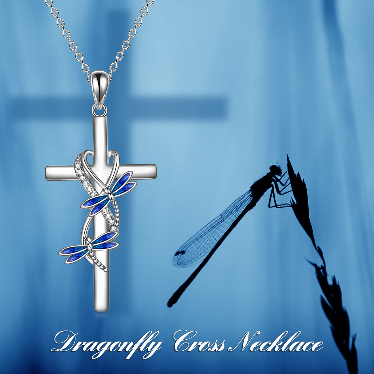 Collier en argent sterling avec pendentif libellule et croix en zirconium cubique rond-3