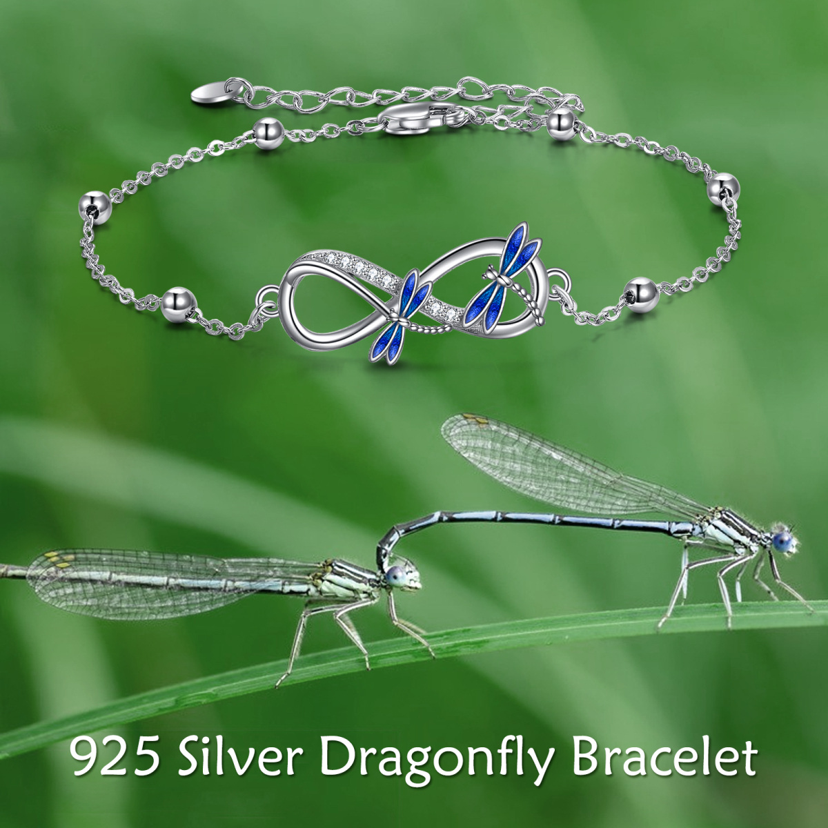 Sterling Silver Round Cubic Zirconia Dragonfly & Infinity Symbol Pendant Bracelet-3