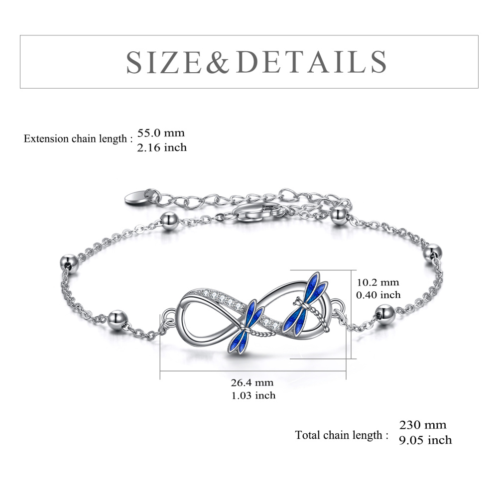 Sterling Silver Round Cubic Zirconia Dragonfly & Infinity Symbol Charm Bracelet-6