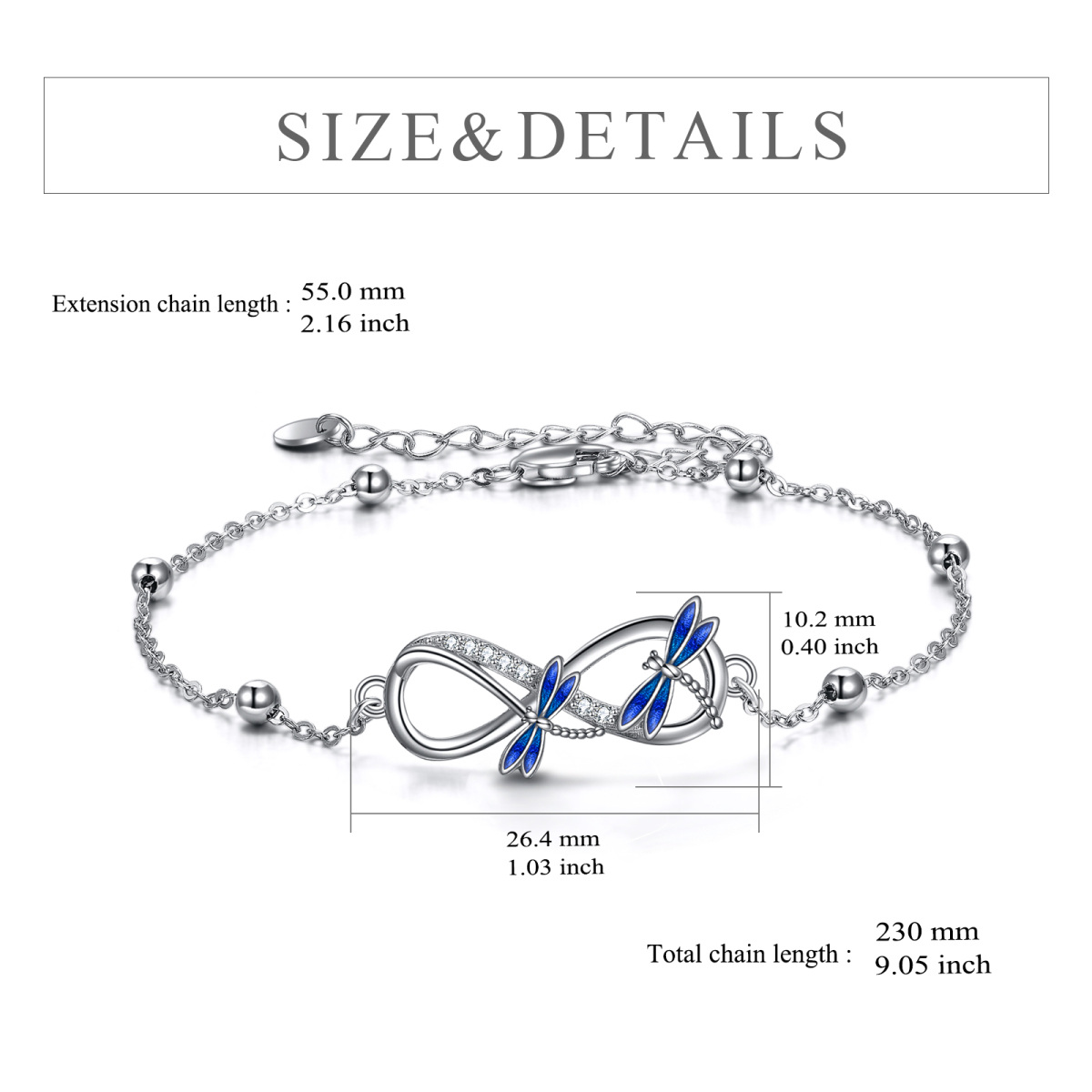 Sterling Silver Round Cubic Zirconia Dragonfly & Infinity Symbol Charm Bracelet-6