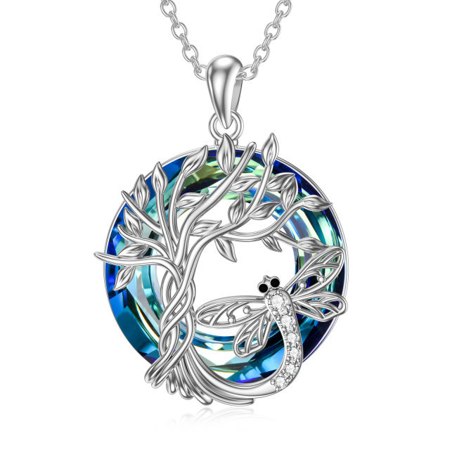 Sterling Silver Round Dragonfly & Tree Of Life Crystal Pendant Necklace-1