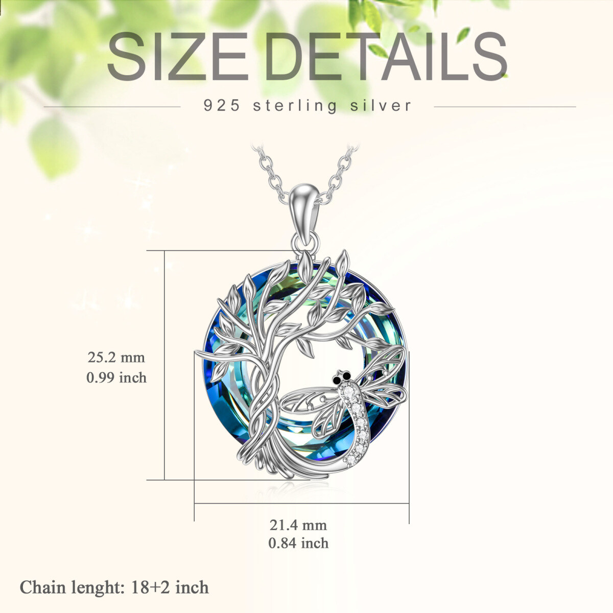 Sterling Silver Round Dragonfly & Tree Of Life Crystal Pendant Necklace-5