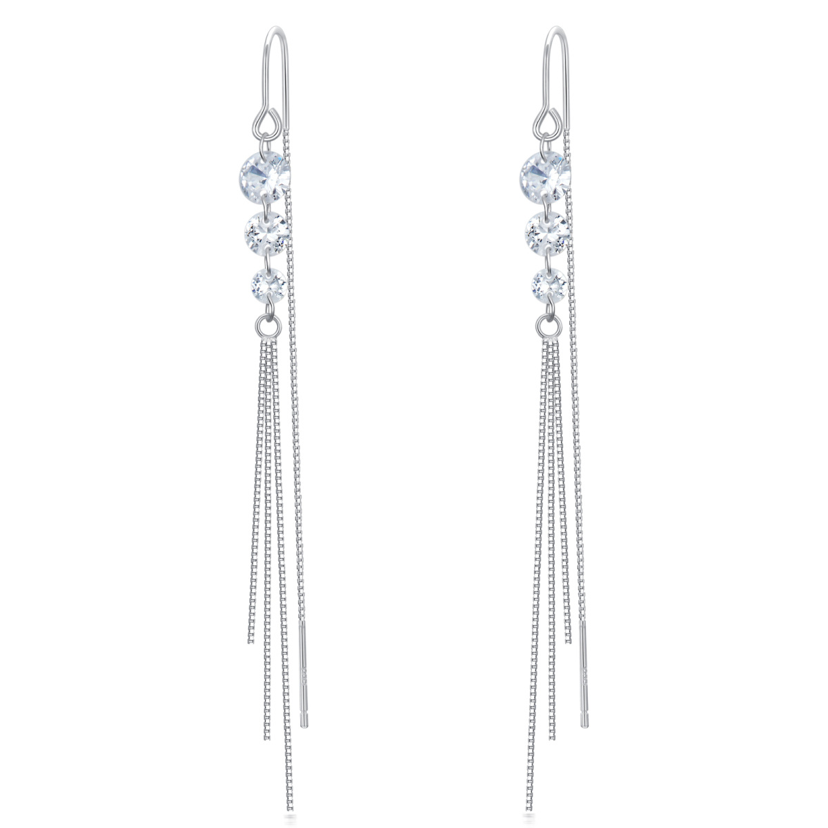 Sterling Silver Cubic Zirconia Round Drop Earrings-1