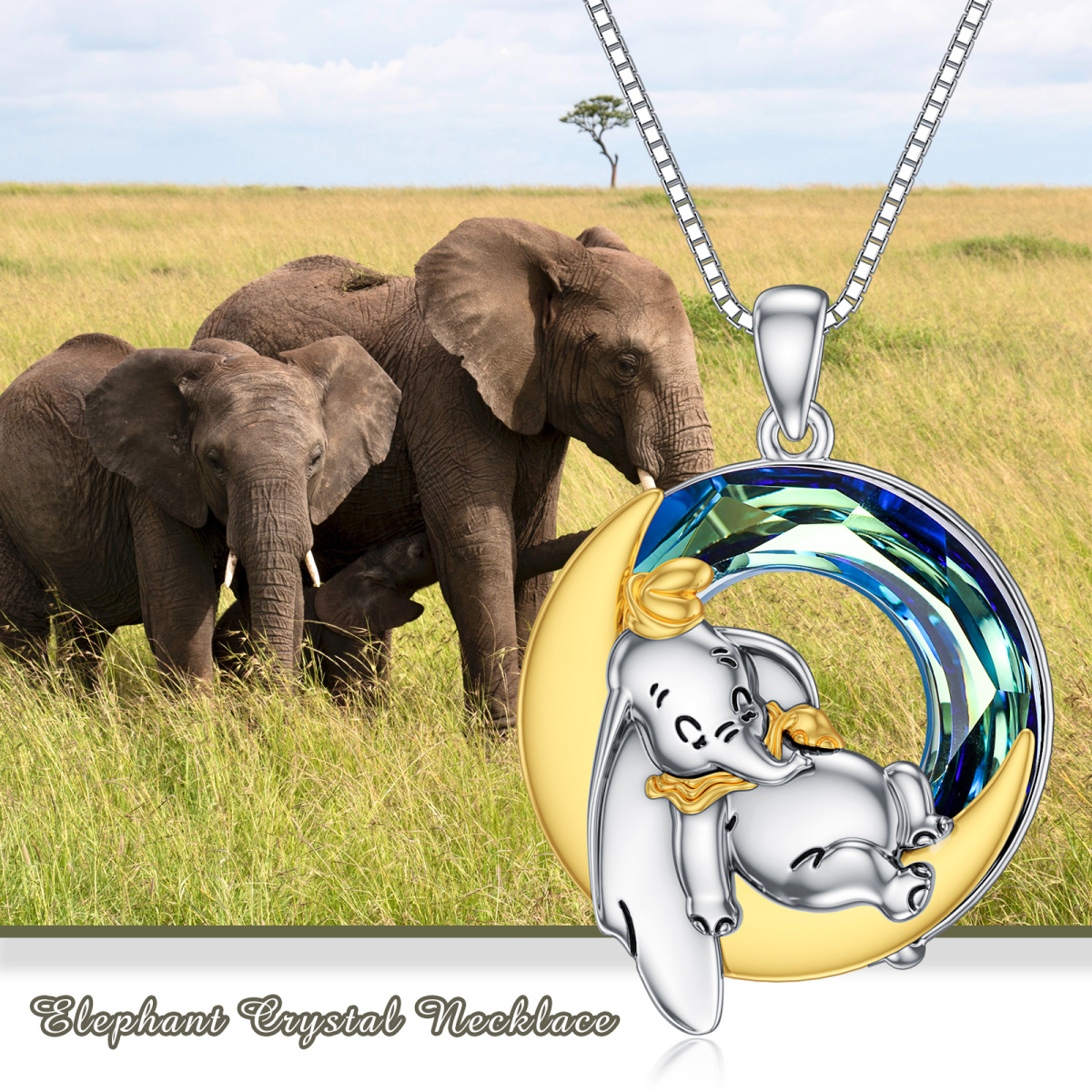 Sterling Silver Round Elephant Crystal Pendant Necklace-3