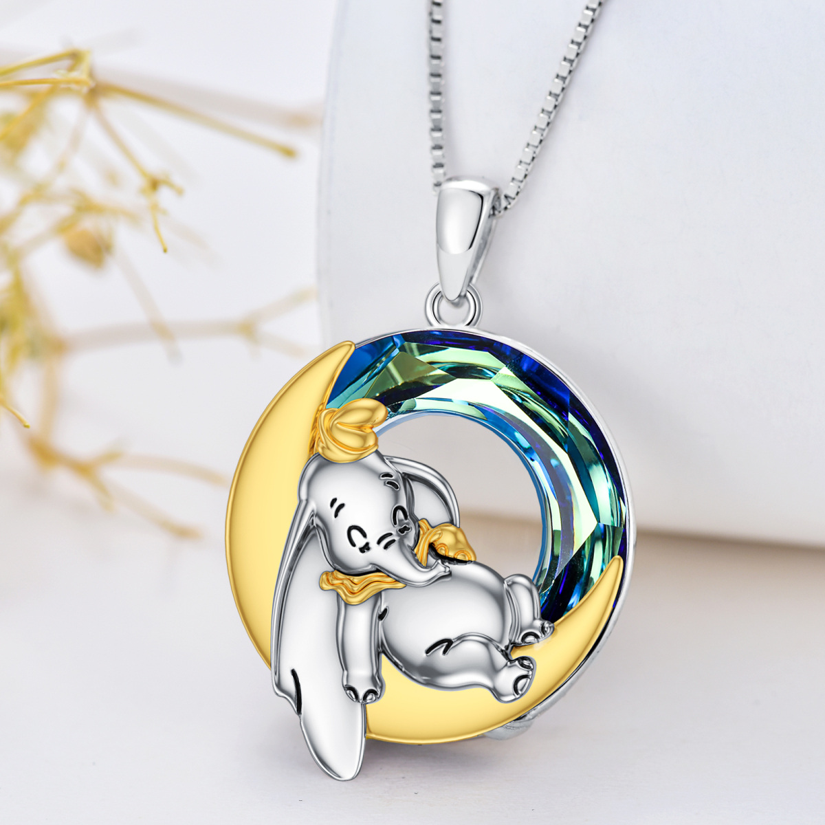 Sterling Silver Round Elephant Crystal Pendant Necklace-4