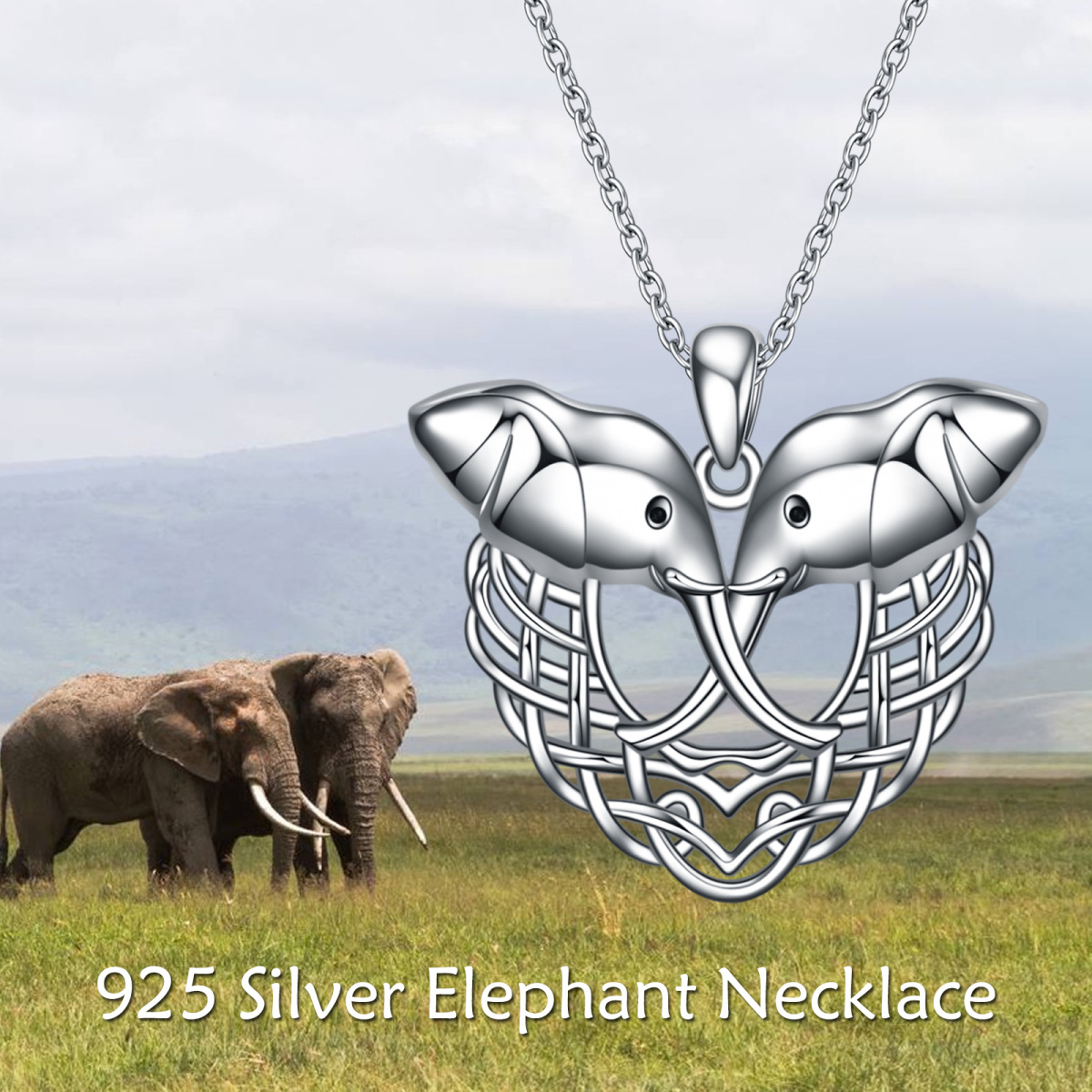 Collar con colgante de corazón de elefante redondo de plata de ley-6