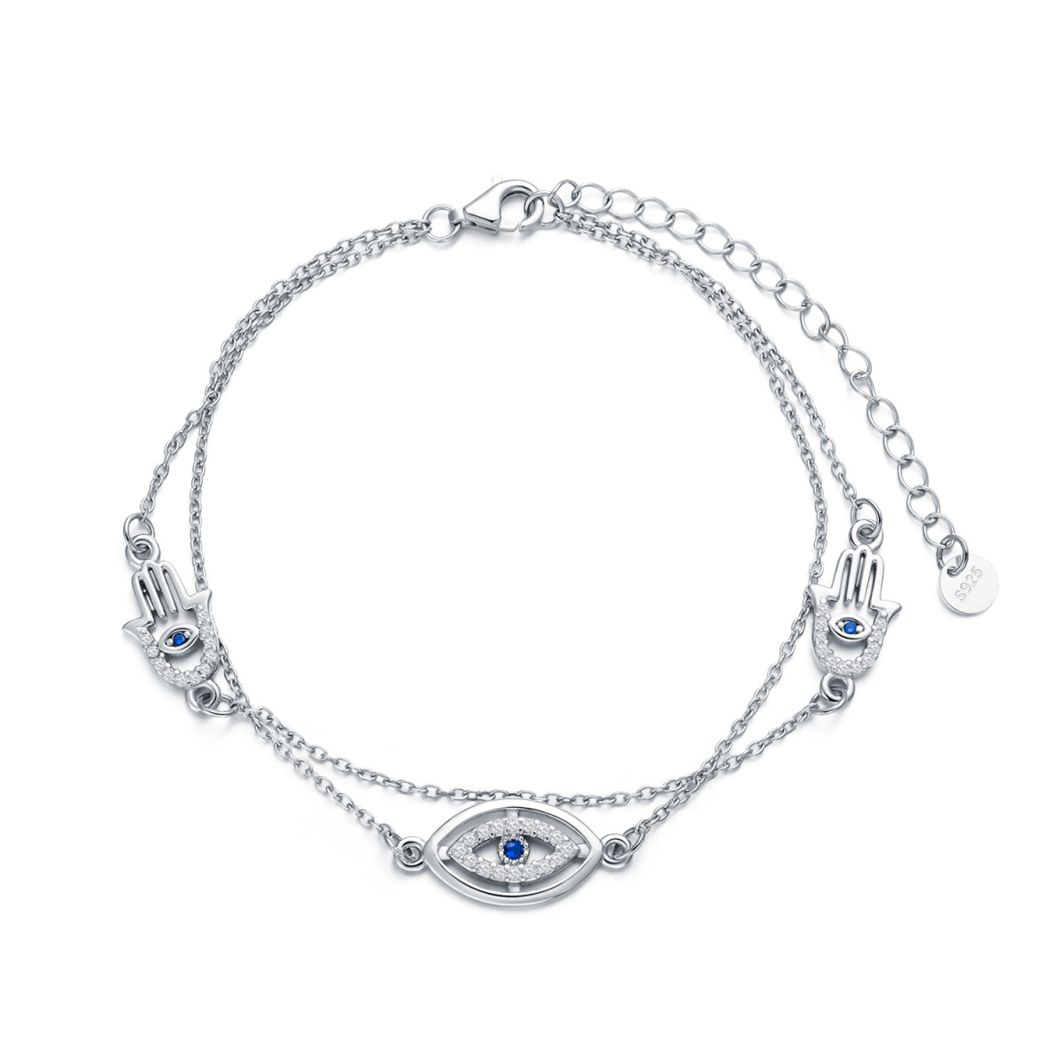 Bracelet rond en argent sterling avec zircons cubiques mauvais œil Hamsa superposé à la main-1