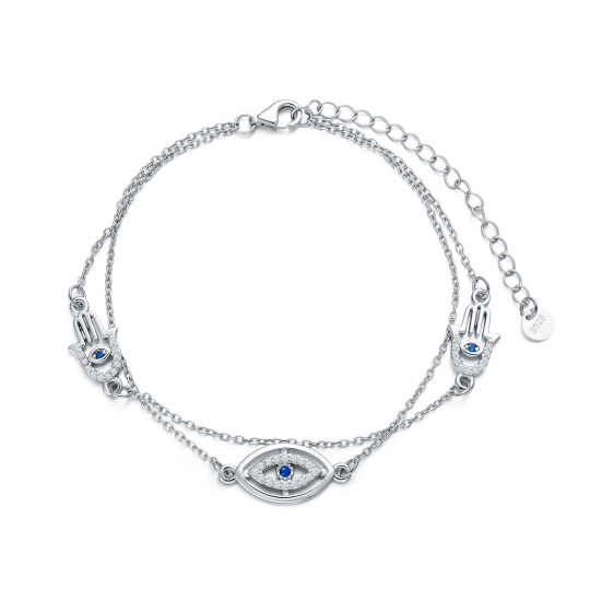 Sterling Silver Round Cubic Zirconia Evil Eye & Hamsa Hand Layerered Bracelet