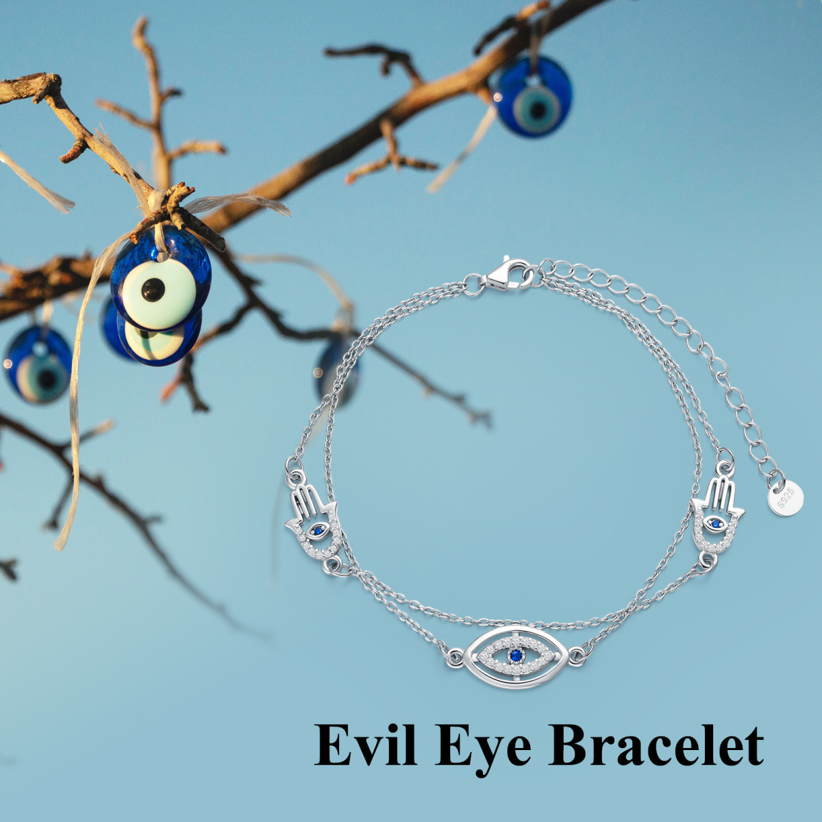 Sterling Silver Round Cubic Zirconia Evil Eye & Hamsa Hand Layerered Bracelet-7