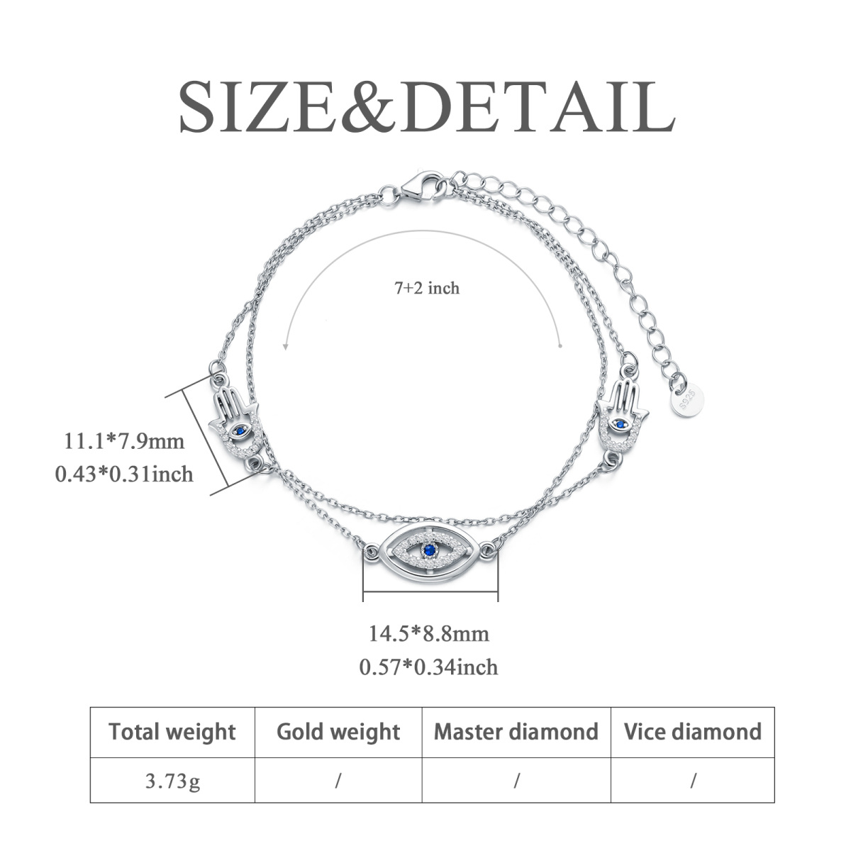 Bracelet rond en argent sterling avec zircons cubiques mauvais œil Hamsa superposé à la main-8