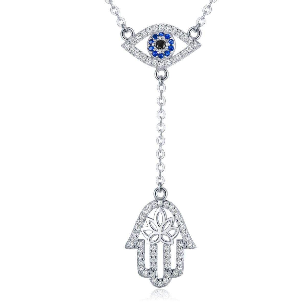 Sterling Silver Round Cubic Zirconia Evil Eye & Hamsa Hand Non-adjustable Y-Necklace-1