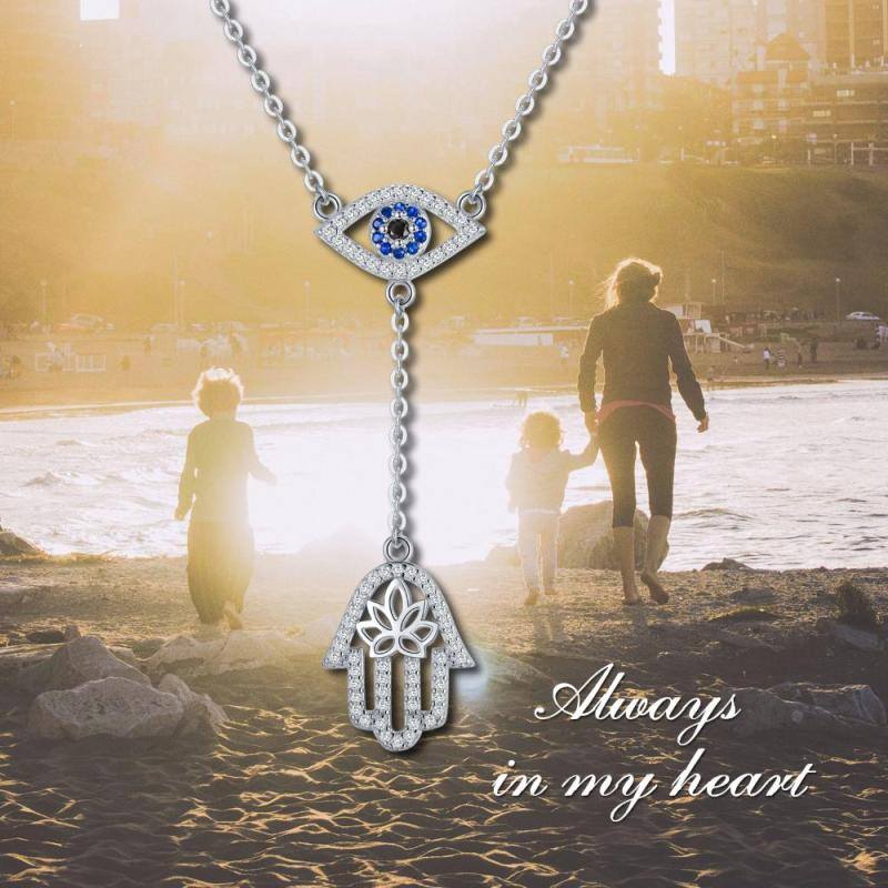 Sterling Silver Round Cubic Zirconia Evil Eye & Hamsa Hand Non-adjustable Y-Necklace-3